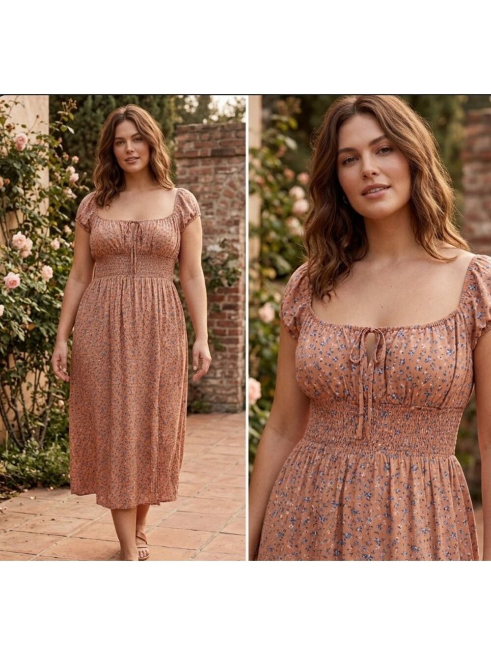 Aeropostale Xl Floral Smocked Midi Dress With Puff Sleeves & Tie Front - Peach &